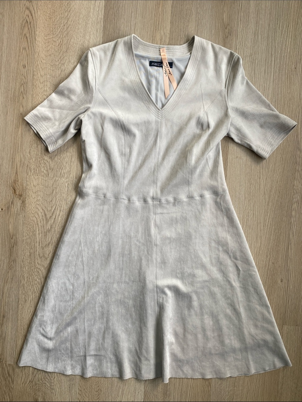 Marc Cain Faux Suede Fit & Flare Dress Neutral Beige Short Sleeve Minimalist - Picture 2 of 14